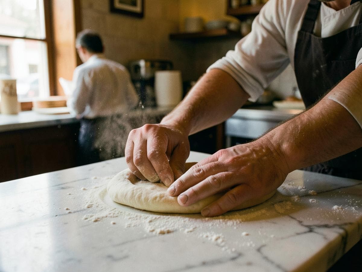 Pizzaiolo stretching dough on a marble counter
