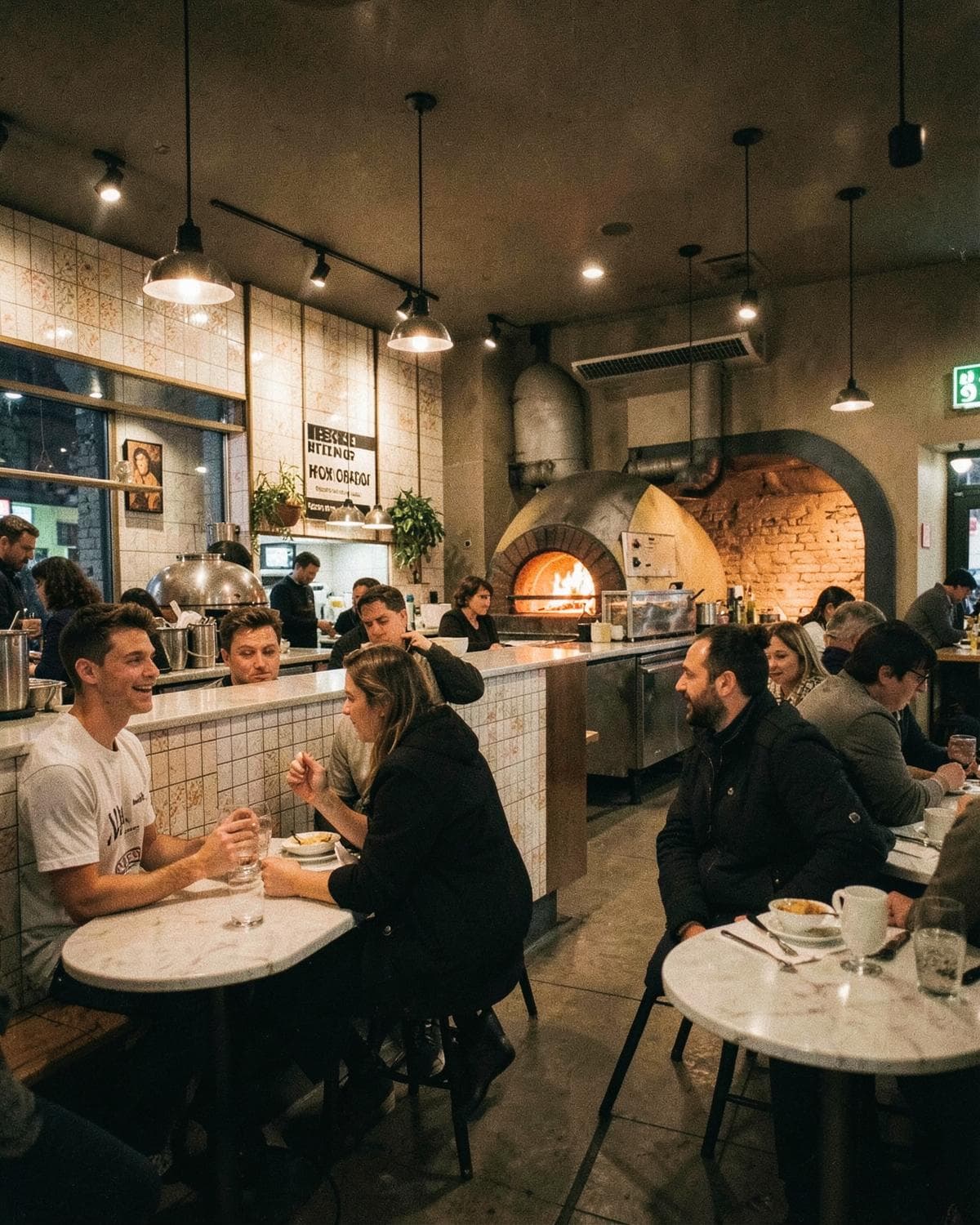 Busy modern pizzeria interior with a glowing wood-fired oven