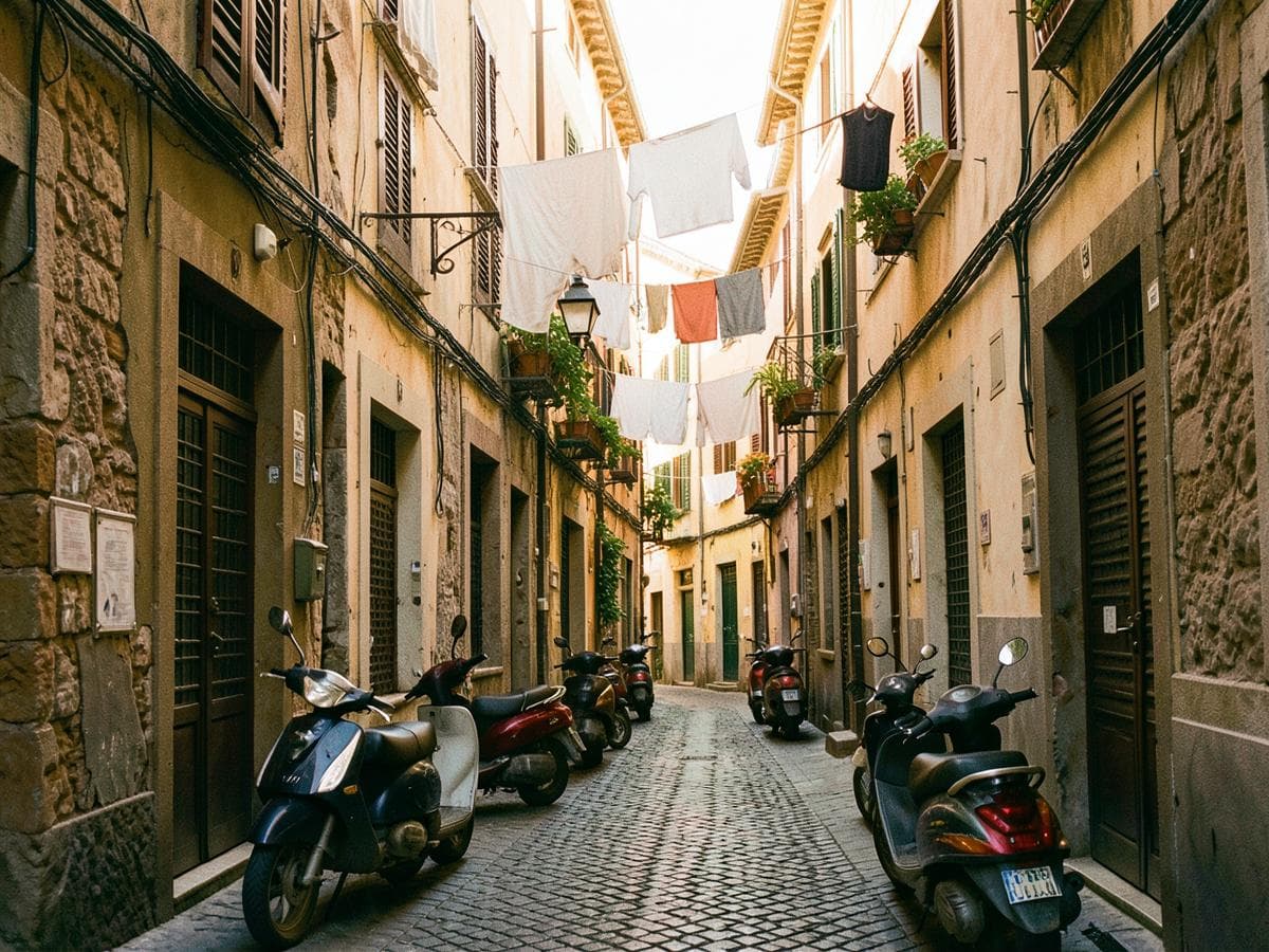 Narrow Italian street with scooters and laundry lines