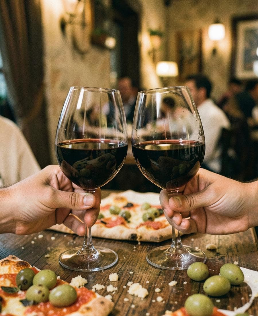 Two glasses of red wine clinking above a rustic table